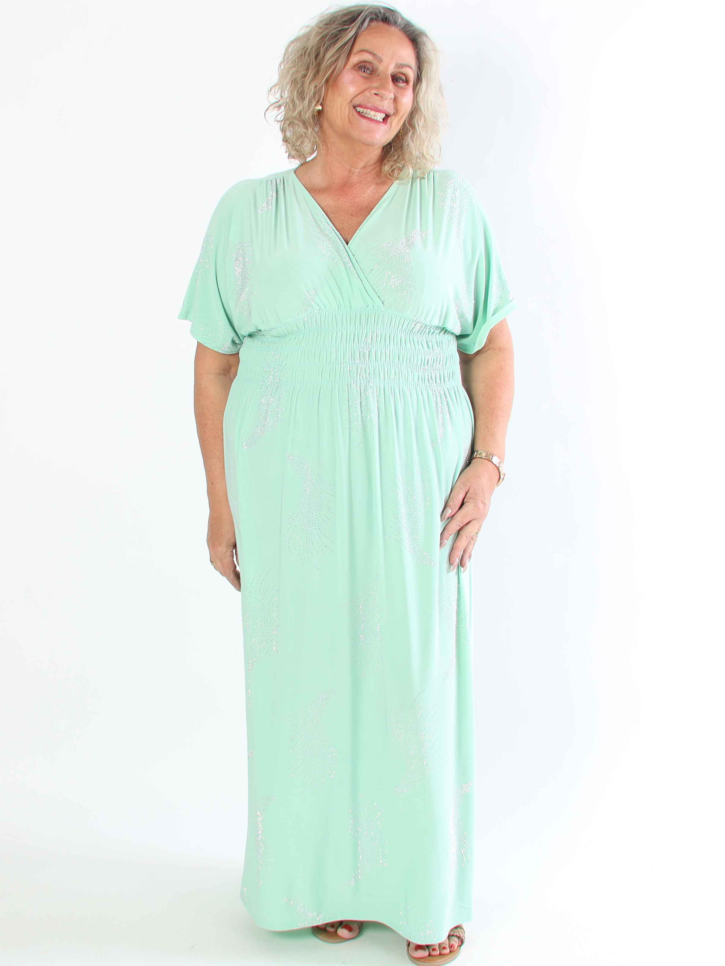 Pams Leaf Crystal - Lang elastisk plus size kjole med mønster af similisten